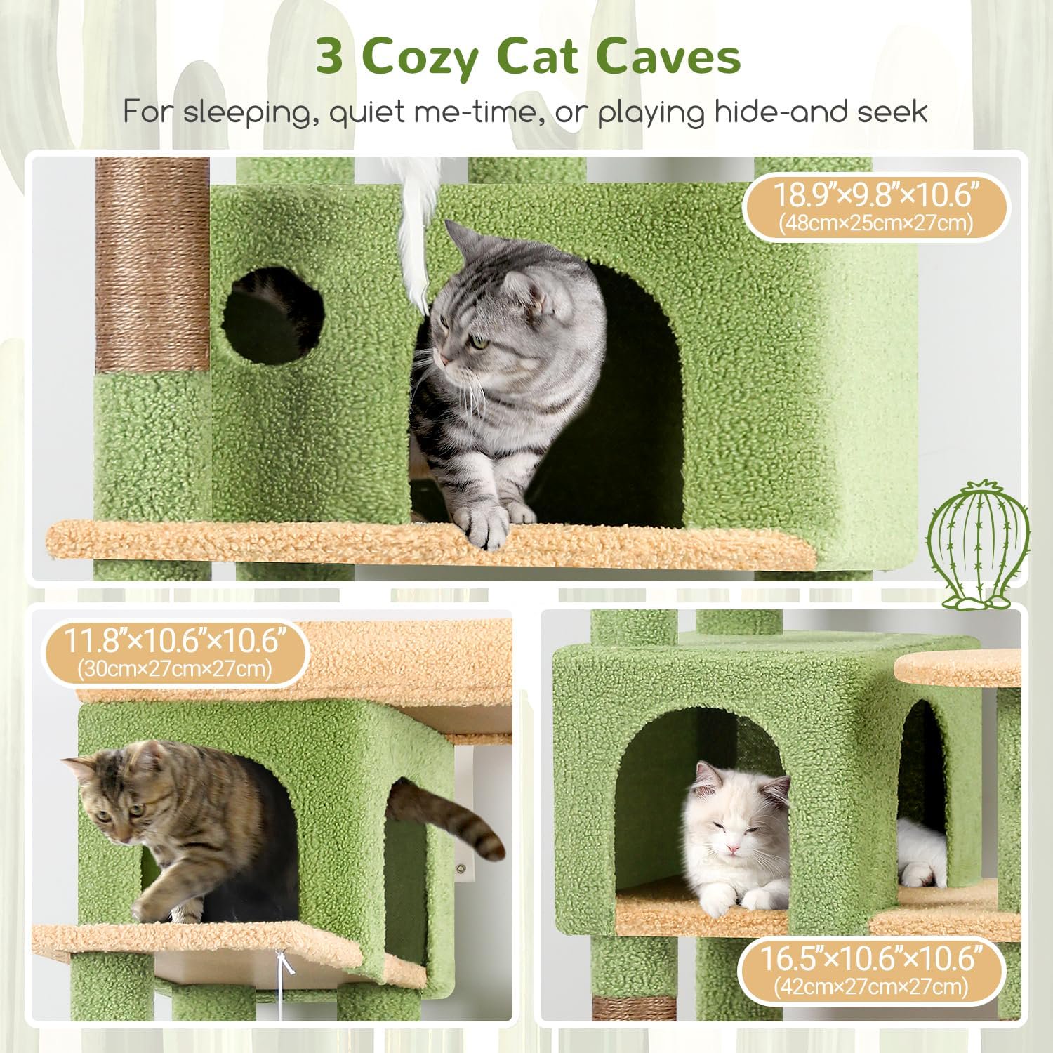 Corner Cactus  Tree 66 inch Multi-Level Cactus Climbing Tower Kitty Condos   Tower for Indoor Multiple Cats with Large Platform, 3  Caves, F66,