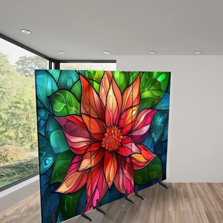3 Panels Freestanding Acoustic Room Divider Vibrant Stained Glass Flower Illustration Soundproof Privacy Screen Folding Sound Absorbing Partition