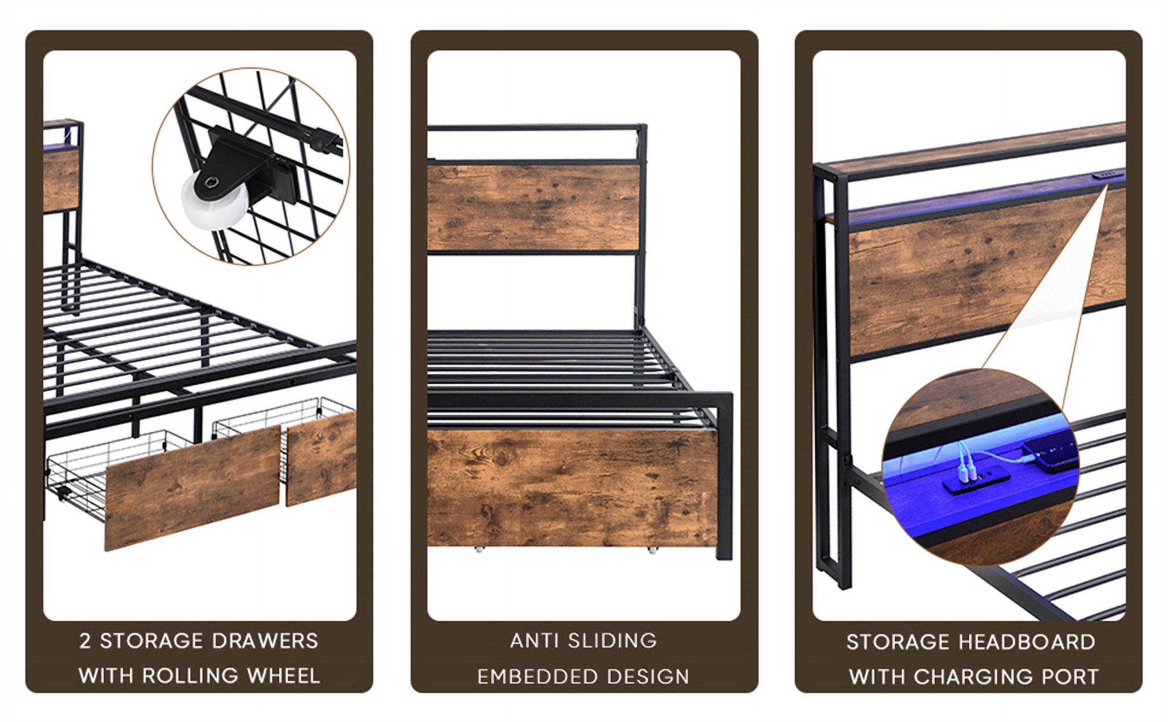 Queen Size Bed Frame with Storage Headboard and 2 Drawers, LED Lights Bed with Charging Station, Metal Platform Bed No Noise