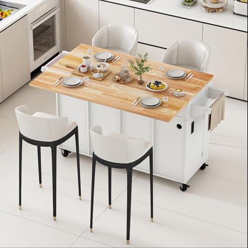 67’’ Movable Kitchen Island with Drop Leaf and Power Outlet, Lockable Sliding Countertop Rolling Island Cart with 2 Large Drawers, Spice, Towel Rack