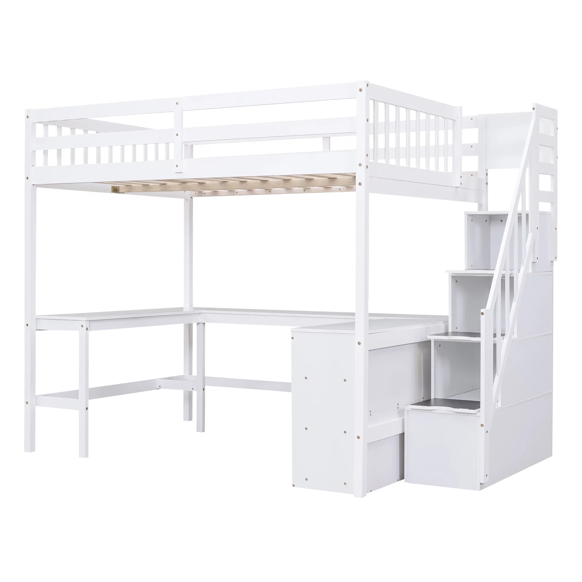 EUROCO Wood Full Size Loft Bed with Desk, Shelf and Storage Staircase for Kids Teens Adults, Built-in Desk with Bookscase for Working Station