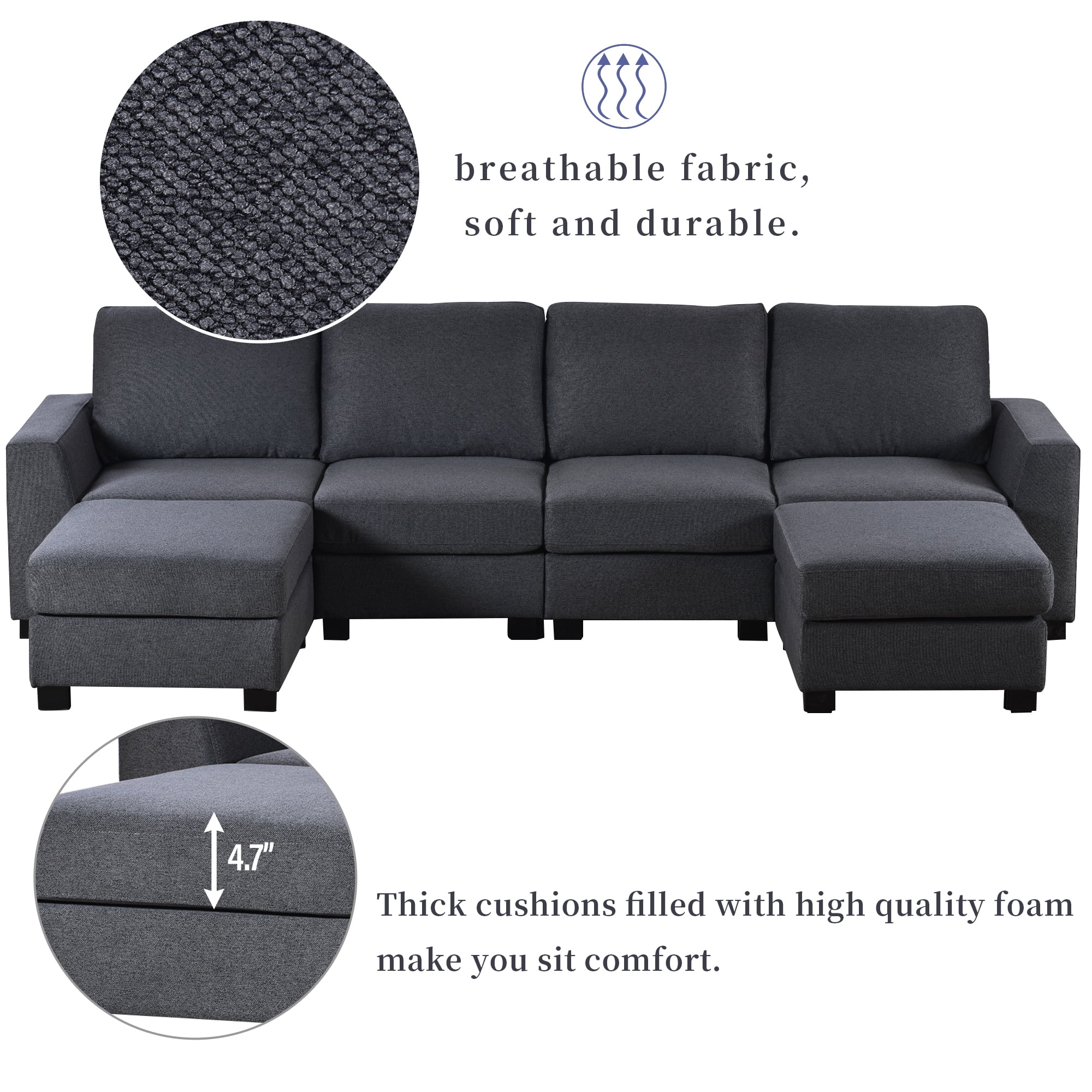 Euroco U Shaped Sofa with Removable Ottomans Sectional Sofa 6 Seater for Living Room, Gray