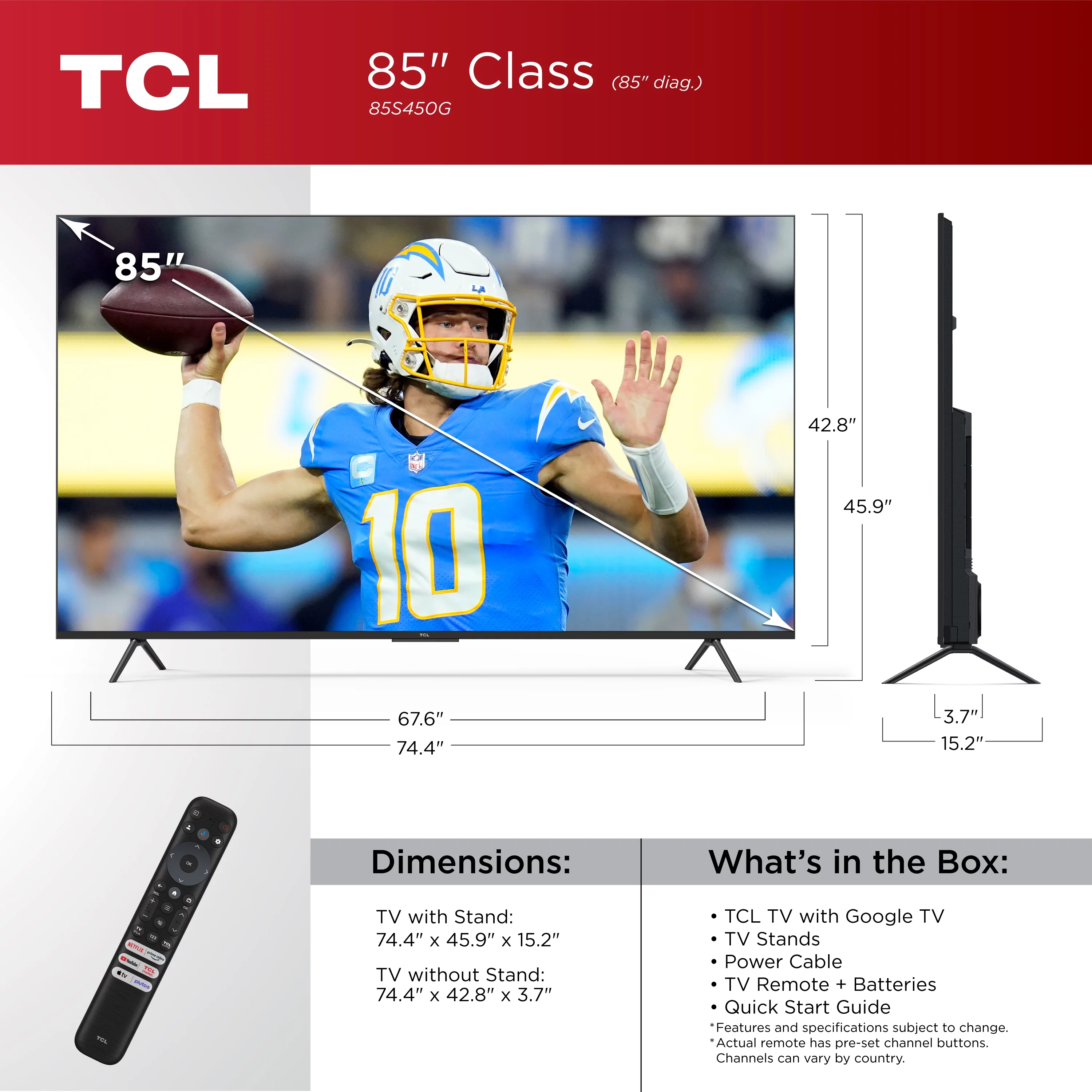 TCL 85” Class S Class 4K UHD HDR LED Smart TV with Google TV, 85S450G