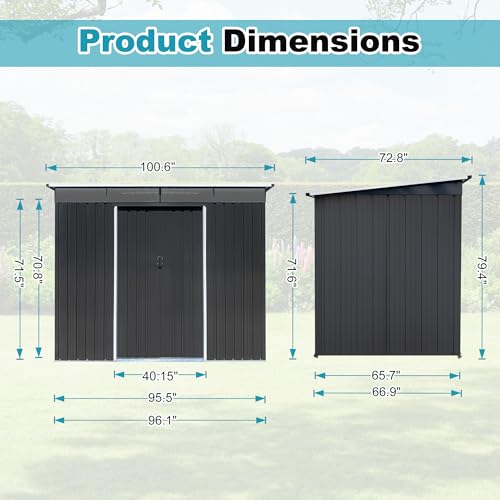 8x6 FT Outdoor Storage Shed, Metal Tool Shed with Lockable Doors, Peaked Roof & Frame Floor