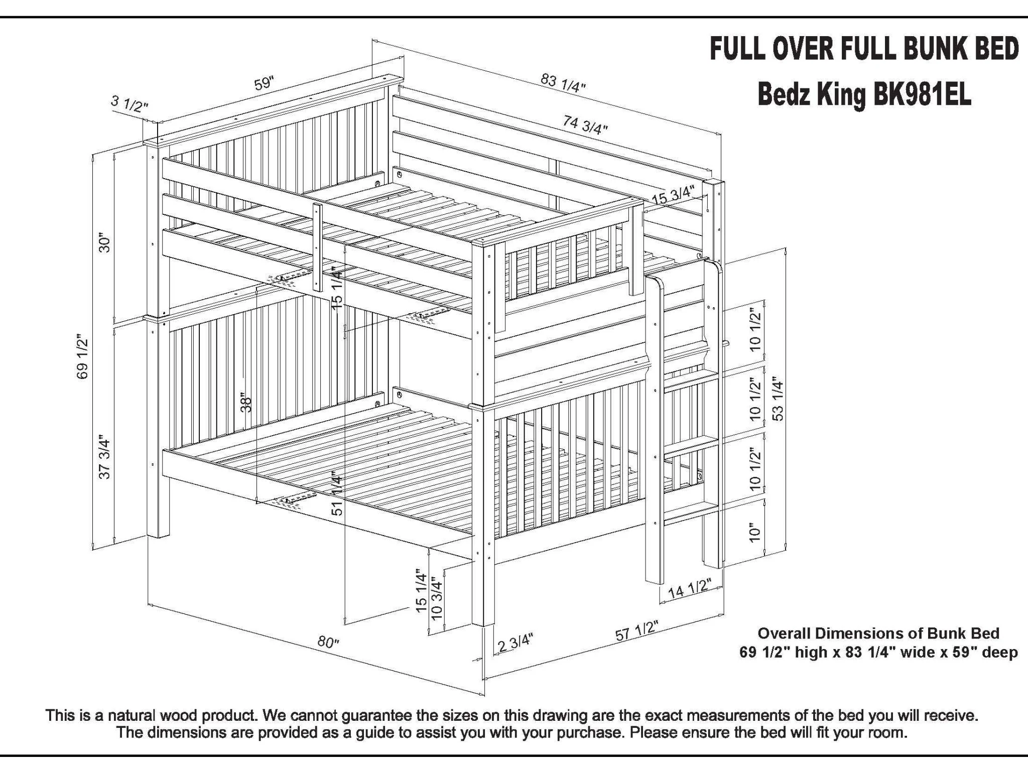 Bedz King Bunk Beds Full over Full Mission Style with End Ladder and 2 Under Bed Drawers, Gray