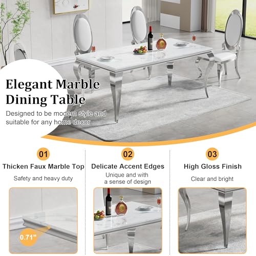 Dining Table Set for 4, Modern Dining Room Table Set for 4, 70" Marble Dining Table with Oval Backrest Leather Chairs