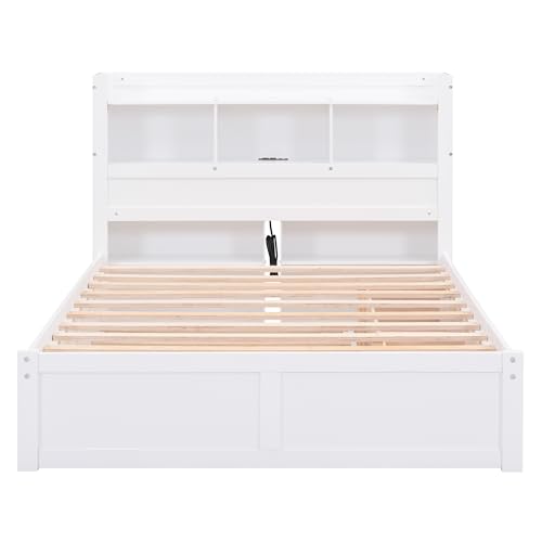 Full Size Storage Bed with Bookcase Headboard and Trundle, Wood Platform Bed Frame with Charging Station