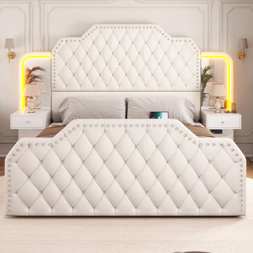 Itaar Queen Bed Frame with 53" Tall Headboard and 4 Storage Drawers, PU Leather Upholstered Platform Bed Frame, Built in Charging Station & Led