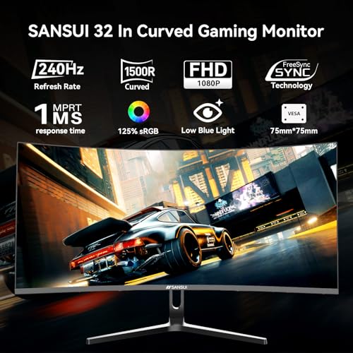 SANSUI 32 Inch Curved 240Hz Gaming Monitor High Refresh Rate, FHD 1080P Gaming PC Monitor HDMI DP1.4, Curved 1500R, 1Ms MPRT, HDR,Metal Stand