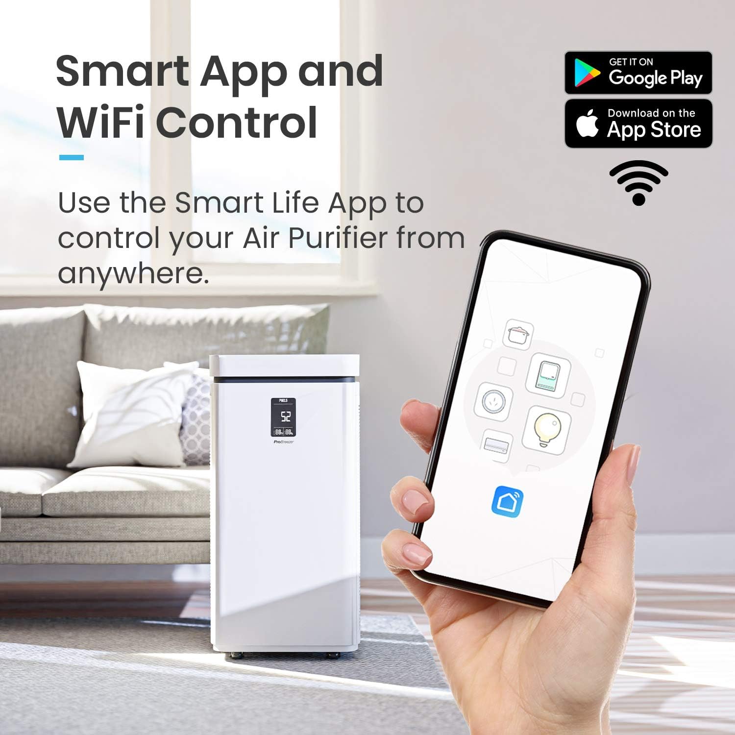 Pro Breeze Large Air Purifier True HEPA H13 Filter - WiFi and Smart App Air Purifier with 2000 Sq Ft Coverage, 800 CADR & 6 HEPA