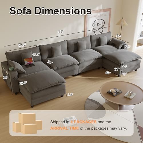Modular Sectional Sofa, Cloud Couch with Ottoman, Charging Station, Throw Pillows, Cup Holders, Modern Convertible U Shaped Couches for Living Room