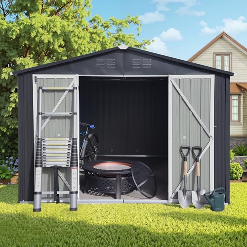 8x6 FT Outdoor Storage Shed, Metal Tool Shed with Lockable Doors, Peaked Roof & Frame Floor