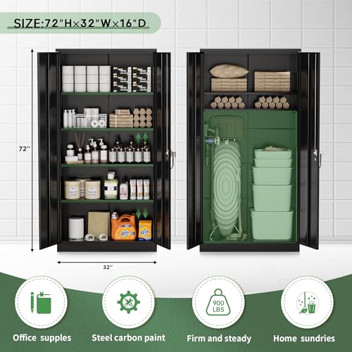 Greenvelly Steel SnapIt Storage Cabinet 72" Locking Metal Garage Storage Cabinet with 4 Adjustable Shelves, 2 Doors and Lock for File, Office, Garage
