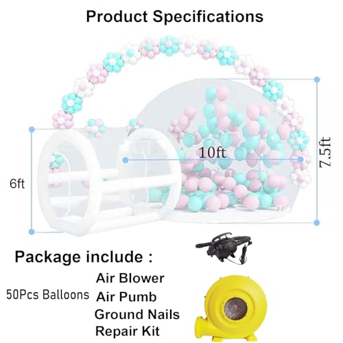 10FT Inflatable Bubble House Dome for Kids, Clear PVC Inflatable Bubble House Tent with Tunnel, Bubble Balloon House with 800W Air Blower