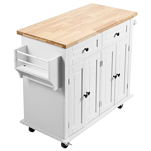 VEVOR Kitchen Island Cart with Solid Wood Top, 35.4" Width Mobile Carts with Storage Cabinet, Rolling Kitchen Table with Spice Rack, Towel Rack