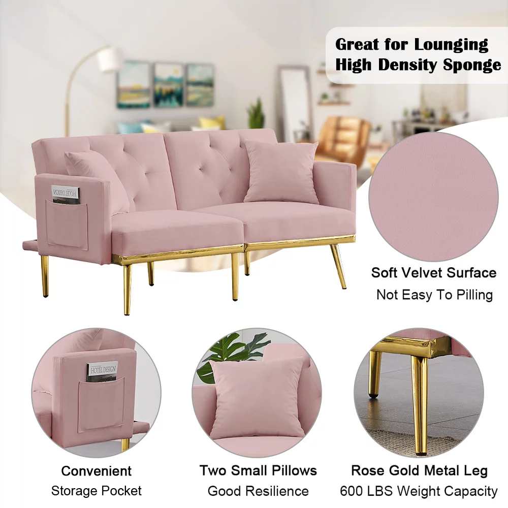 Pink Velvet Futon Couch, Folding Sleeper Sofa, Sofa Couch Bed with 2 Pillows, Modern Upholstered Loveseat Sofa with Gold Metal Legs