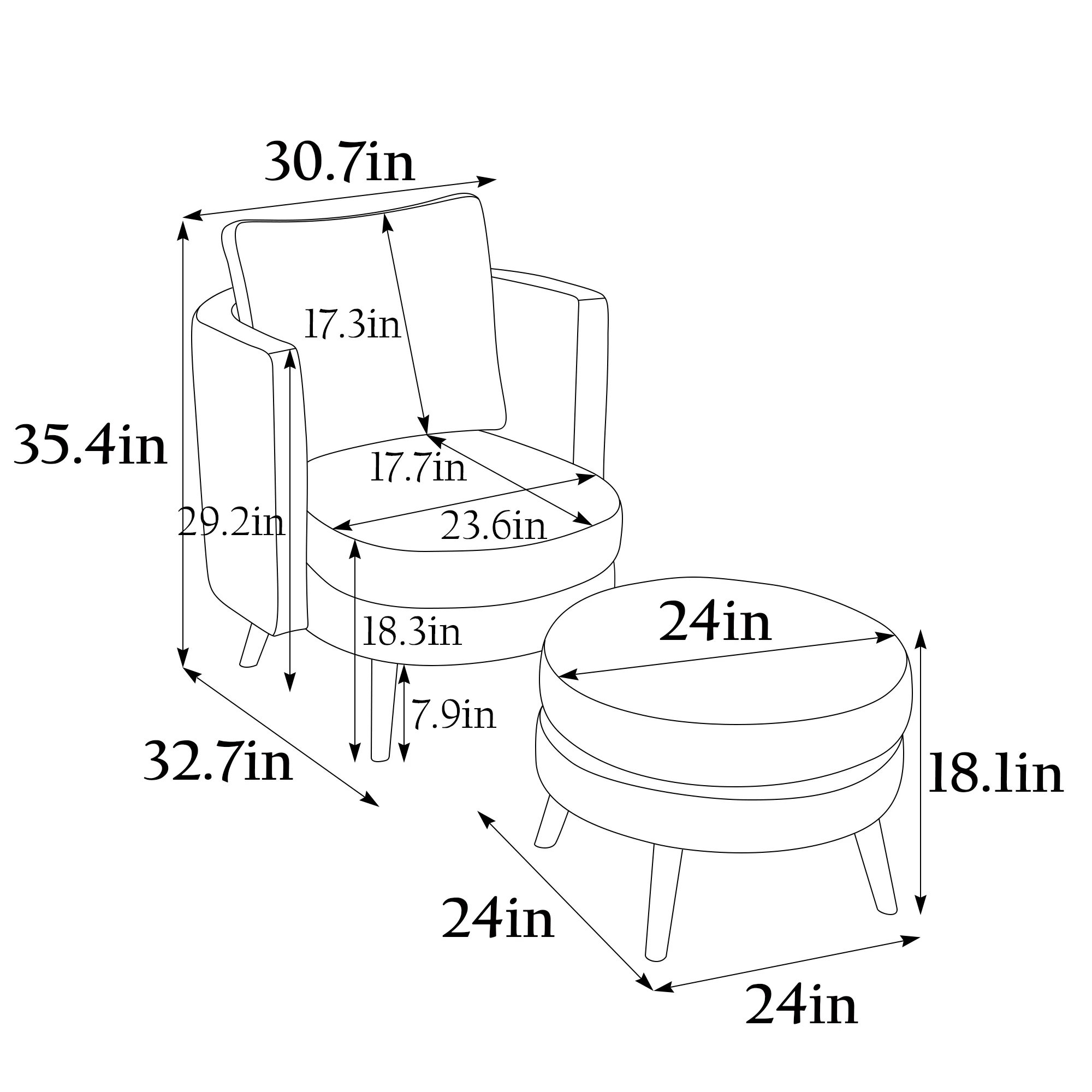30.7" Wide Accent Chair with Ottoman Armchair Upholstered Reading Chair Single Sofa with Wooden Leg and Throw Pillow for Living Room Bedroom Dorm