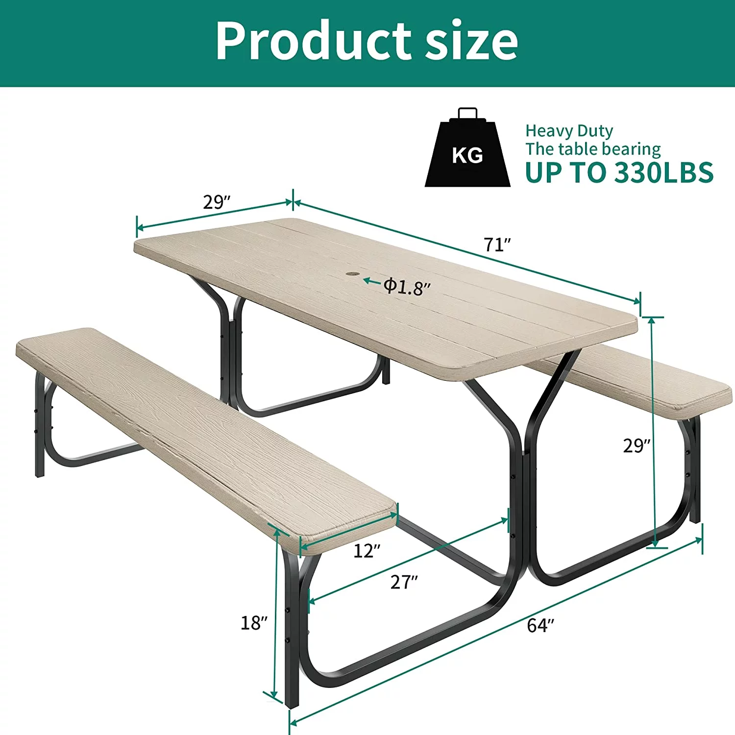 Dextrus Picnic Table Bench Set 6 ft Outdoor Camping with Stable Steel Frame & Wooden Texture Tabletop Weather Resistant w/Umbrella Hole - Light Brown
