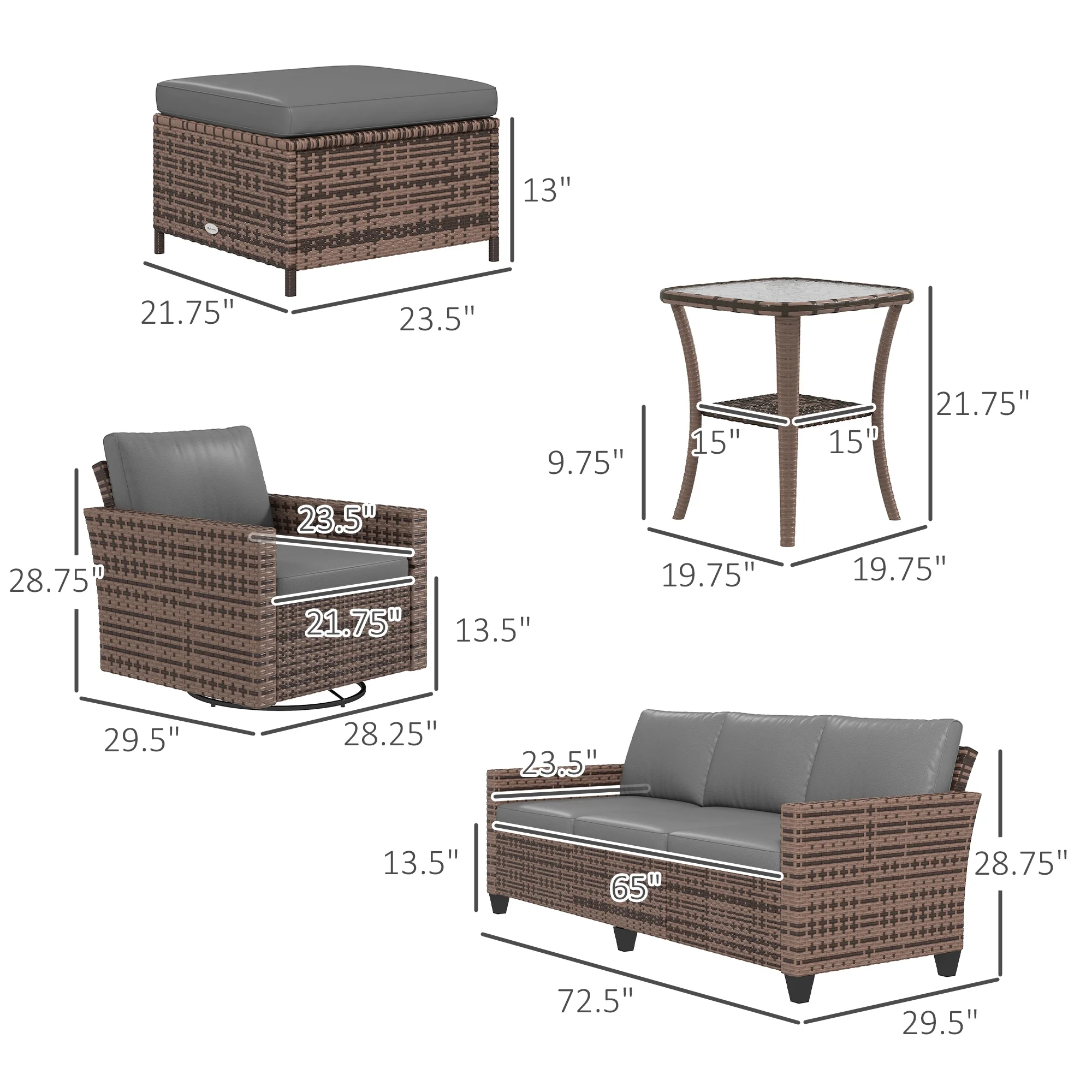 Outsunny 6pc Patio Furniture Set with Couch, Swivel Rocking Chairs, Brown