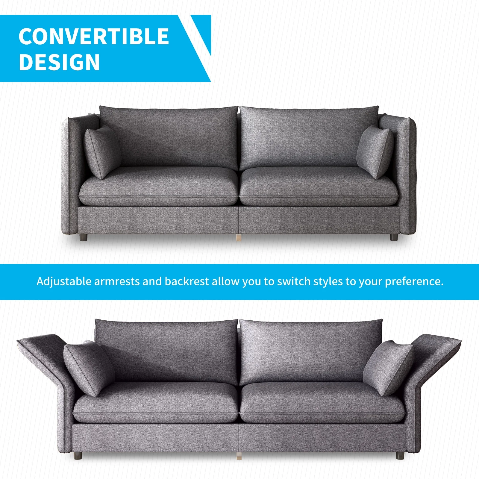 Mjkone Modern 2 Pieces Living Room Furniture Sofa Sets with Adjustable Armrest,Include Sofa&Loveseat,Linen Fleece Upholstered Couch Set,Dark Grey