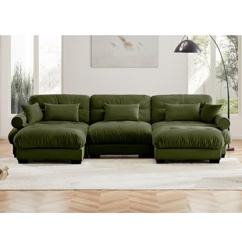 130" Modular Sectional Sofa,Velvet Upholstered Couches for Living Room,3 Seater Green Sofa Couch with Movable Ottoman