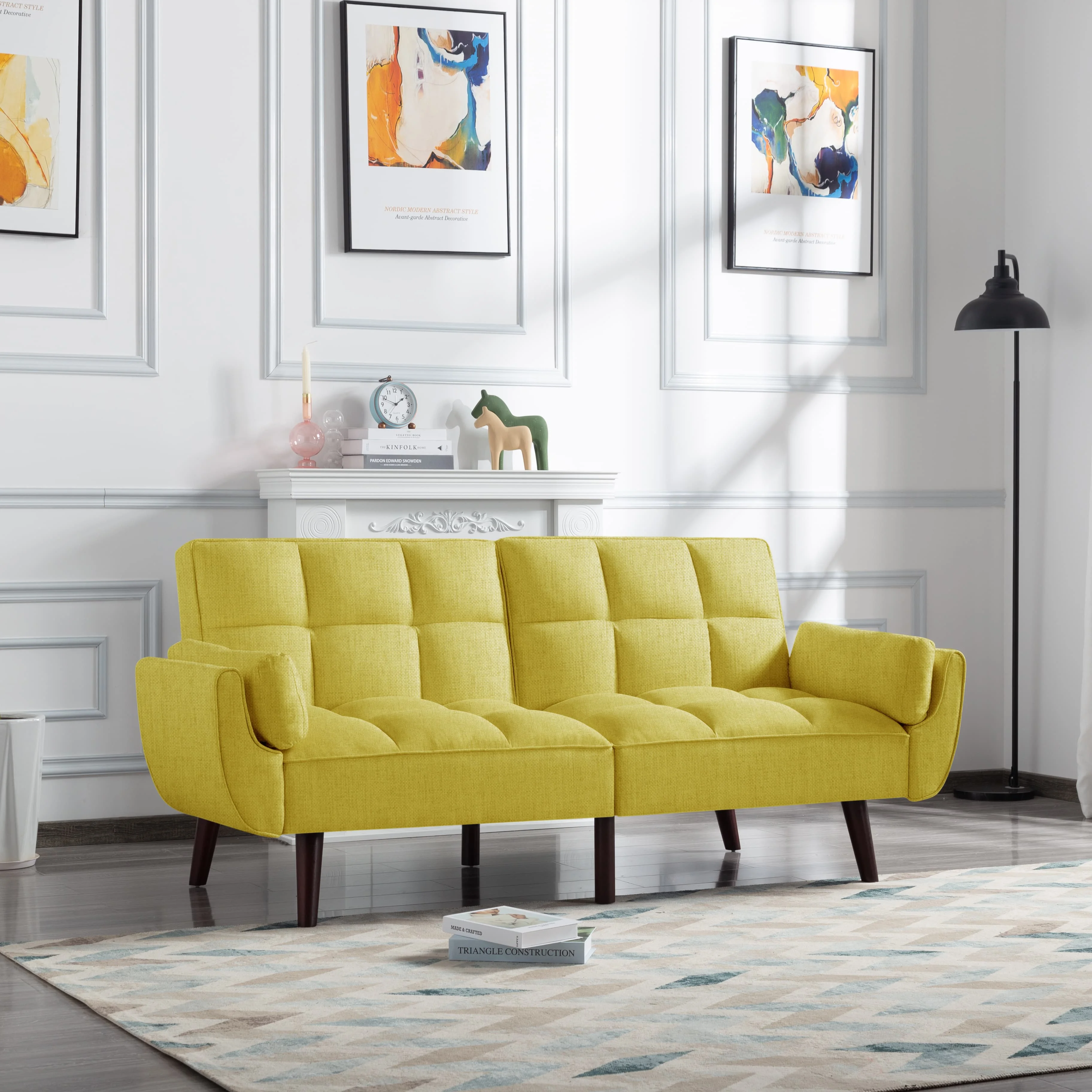 BSHTI 74.4 inch Foam Futon Sofa Bed,Converted Futon Sofa Sleeper with 2 Pillows for Livingroom(Yellow)