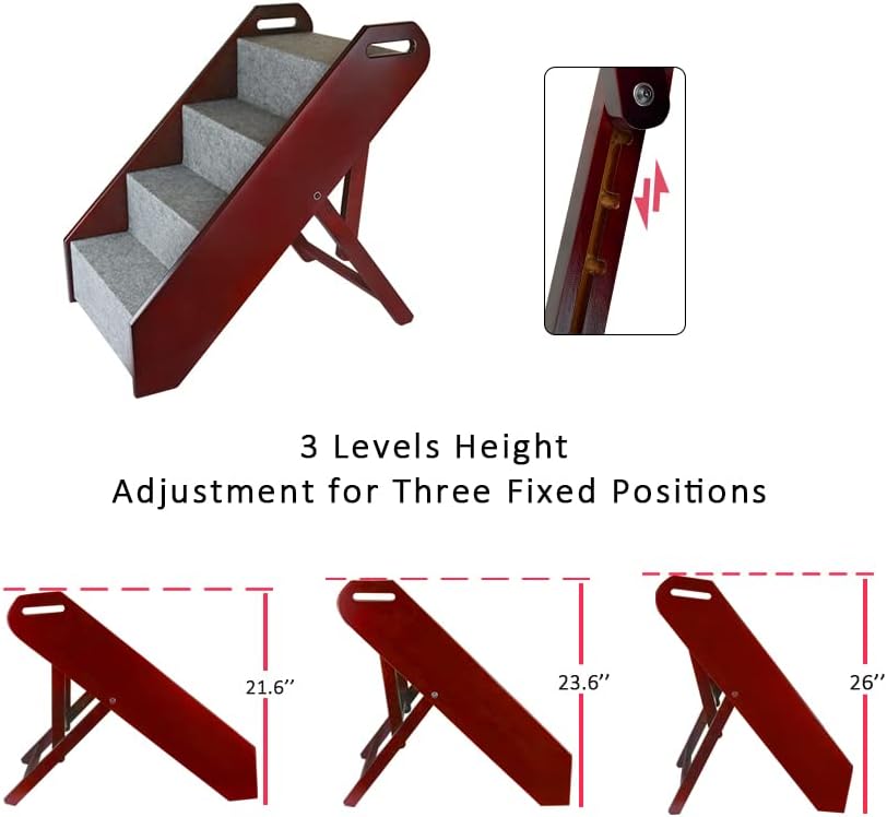 Wood Pet Stairs Adjustbale Foldable Pet Steps for Small Dogs and Cats with Carpet Surface