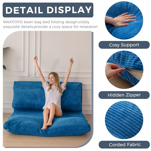 MAXYOYO Bean Bag Bed Folding Sofa Bed Floor Mattress for Adults, Extra Thick and Long Floor Sofa with Corded Washable Cover, Dark Grey, 30x95 Inch