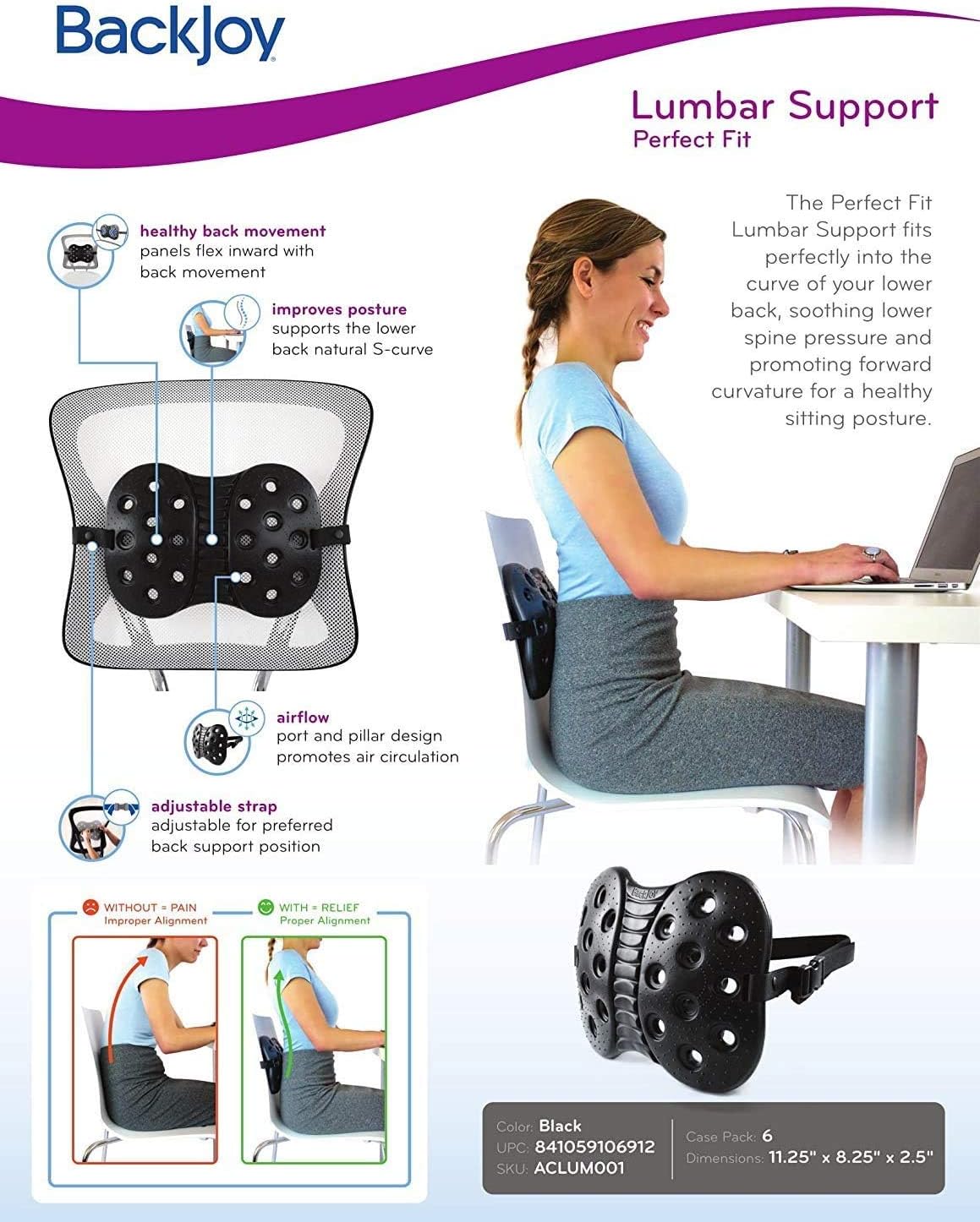 BackJoy SitzRight Wedge Seat Cushion Lumbar Support, Designed for Spine and Lower Back Pain, Coccyx, Sciatica, Ergonomic, Adjustable, Breathable