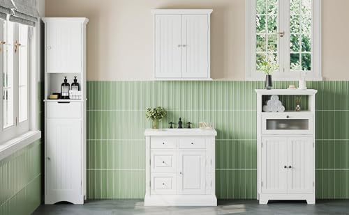 ChooChoo Bathroom Floor Storage Cabinet with Flip Glass Drawer, Freestanding with 2 Doors, Adjustable Shelf & 1 Open Storage for Living Room, Hallway