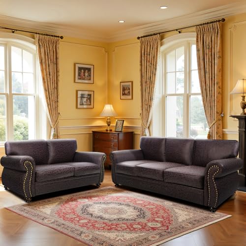 Mid-Century Vintage Sofa Couches with Rivet Design,3-Seater Sofa,Removable Sofa Cover Upholstered Cushions and Solid Wood Frame (Brown, 3-Seater)