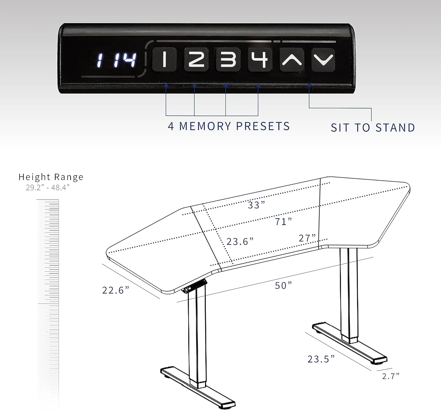 Electric Height Adjustable 71 X 24 Inch Wing-Shaped Stand Up Desk, Complete Active Corner Standing Workstation With Black Table Top, White Frame