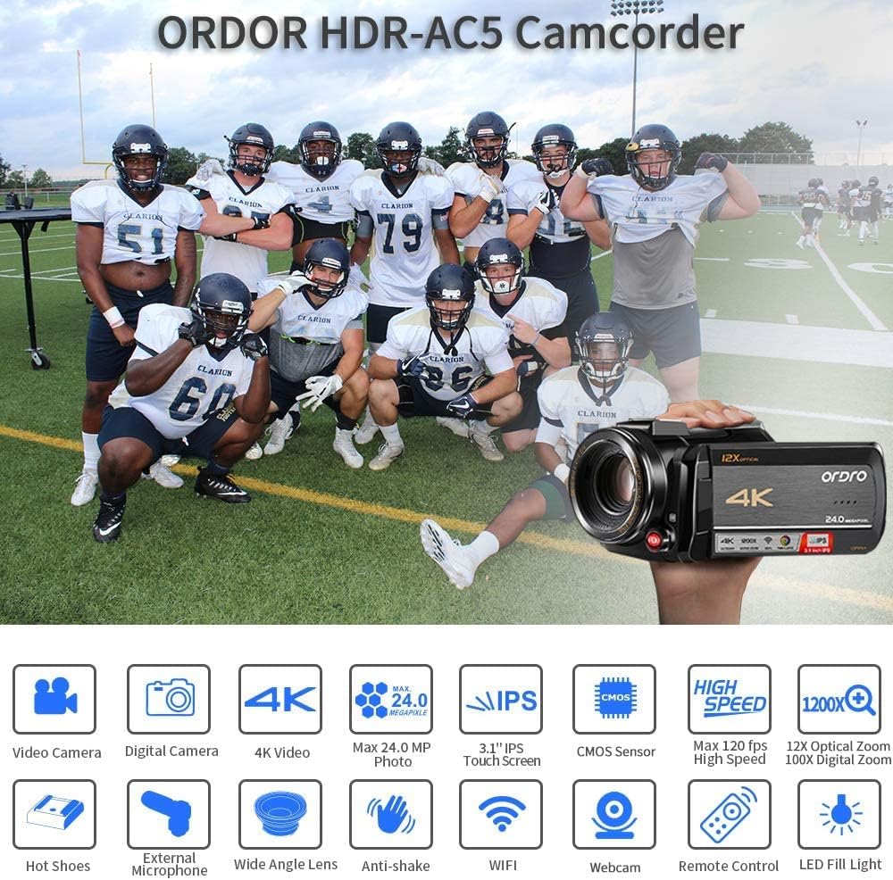 4K Camcorder Video Camera, ORDRO AC5 UHD Digital Camcorder with 12x Optical Zoom 1080P 60FPS WiFi Vlog Camera Camcorder with Microphone, Video Light