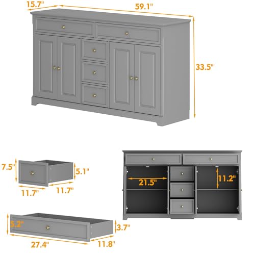 FAMAPY Sideboard Credenza with 5 Drawers, Sideboard Buffet Cabinet with 4 Doors, White Buffet Cabinet with Gold Knobs, Home Bar Cabinet