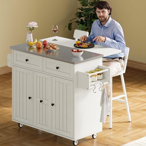 DWVO Kitchen Island on Wheels, Mobile Kitchen Island Cart with Folding Drop Leaf Breakfast Bar, Island Table for Kitchen with Large Storage Cabinets