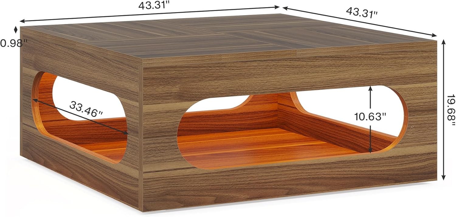 Tribesigns 43-Inch Coffee Table with LED Light, Square Coffee Table with Storage, Wood Cocktail Table