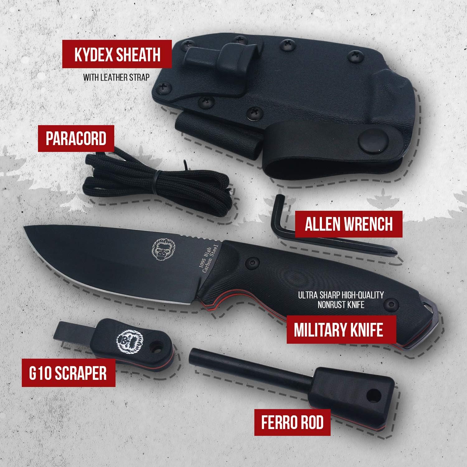 Bushcraft Survival Knife | Full Tang Fixed Blade Outdoor Camping Hunting Knife In Sheath Gift For Him | 1095 High Carbon Steel Knife Fire Starter