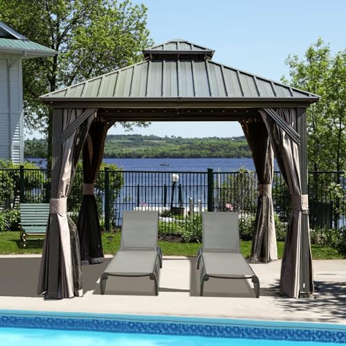 Domi 10’ x 10’ Hardtop Gazebo Metal Frame Canopy with Netting & Curtains