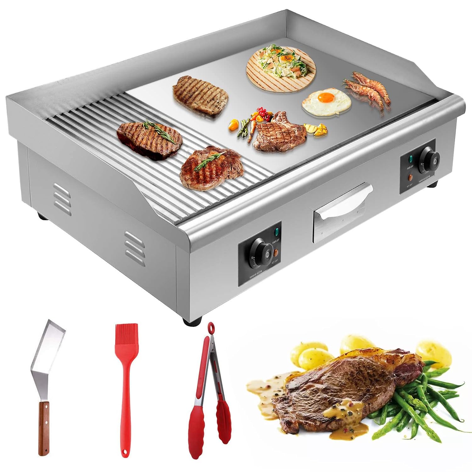 29" Commercial Electric Griddle,Flat Top Griddle 110V 3000W Teppanyaki Stainless Steel Grill Adjustable Thermostatic Control,122°F - 572°F