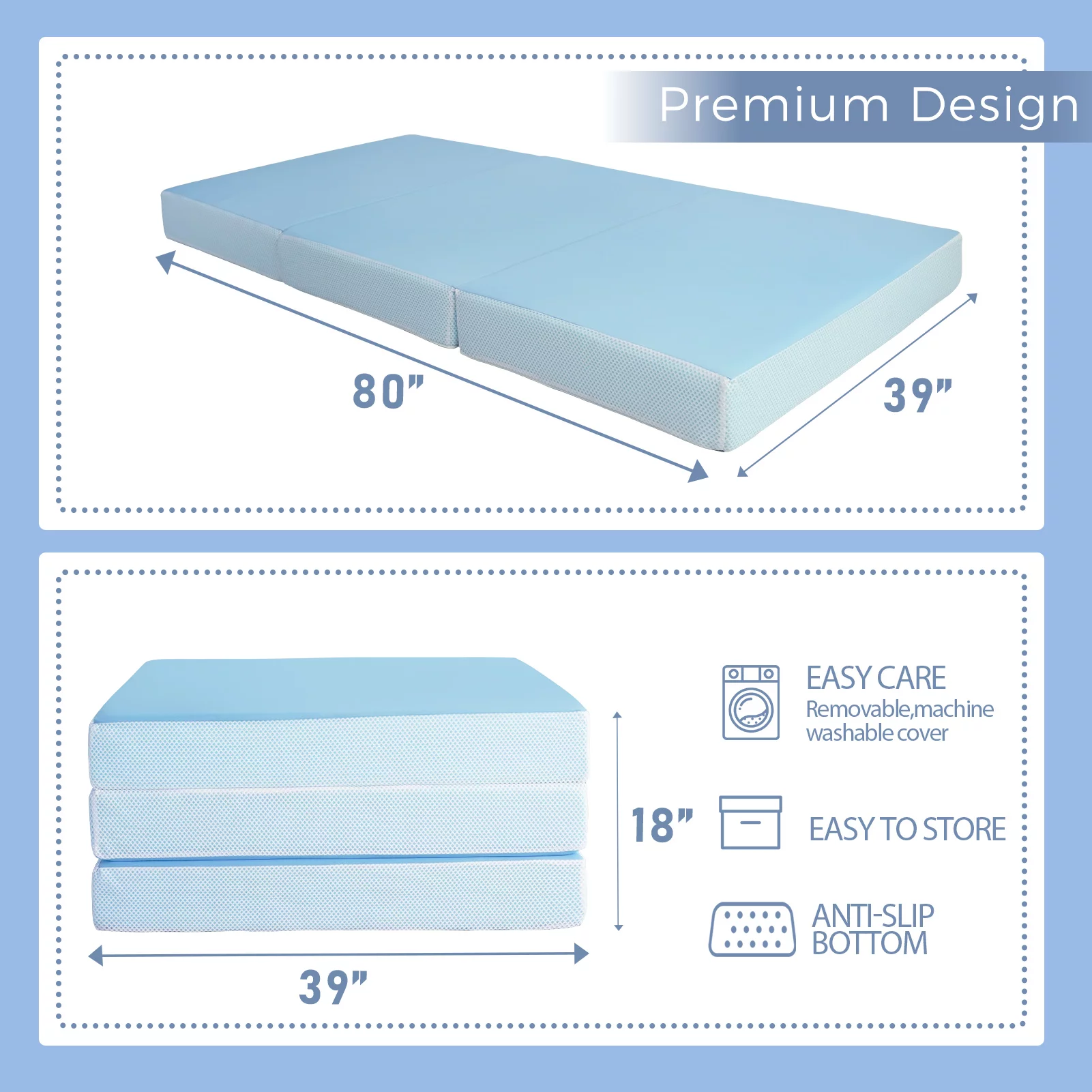 BYBYME 6 inch Folding Mattress, Cooling Memory Form Portable Trifold Mattress with Washable Cover and Non-Slip Bottom