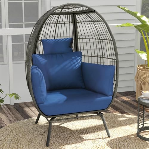 DWVO Rattan Egg Chair with Ottoman, Indoor Outdoor Egg Shape Wicker Chair for Patio, Backyard, Living Room, Basket Chair w/Footrest, 5 Cushions