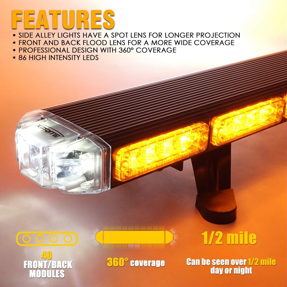 Xprite 48" Traffic Advisor White Amber Emergency Strobe Light Bar High Intensity LED Rooftop Warning Security Caution Lightbar w/Adjustable Brackets