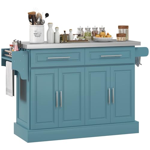 HOMCOM Rolling Kitchen Island Cart with Wheels, Portable Island Table for Kitchen with Stainless Steel Top, Adjustable Shelves, 2 Drawers, Spice