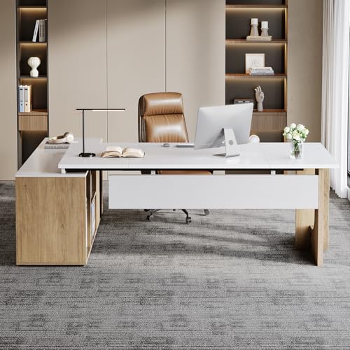 Tribesigns 74.8" Executive Desk, Large Office Desk with Cabinet, L Shaped Computer Desk with Shelves and CPU Storage
