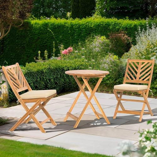 3-Piece Acacia Wood Patio Set, Foldable Bistro Table and Chairs Set of 2,Small Patio Furniture Set with Cushions
