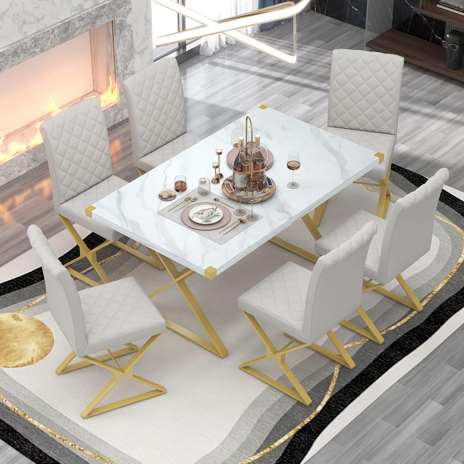 RITSU Modern 7-Piece Dining Table Set, Rectangular Marble Texture Surface and 6 Pu Leather Chairs, X-Shaped Golden Steel Tube Legs