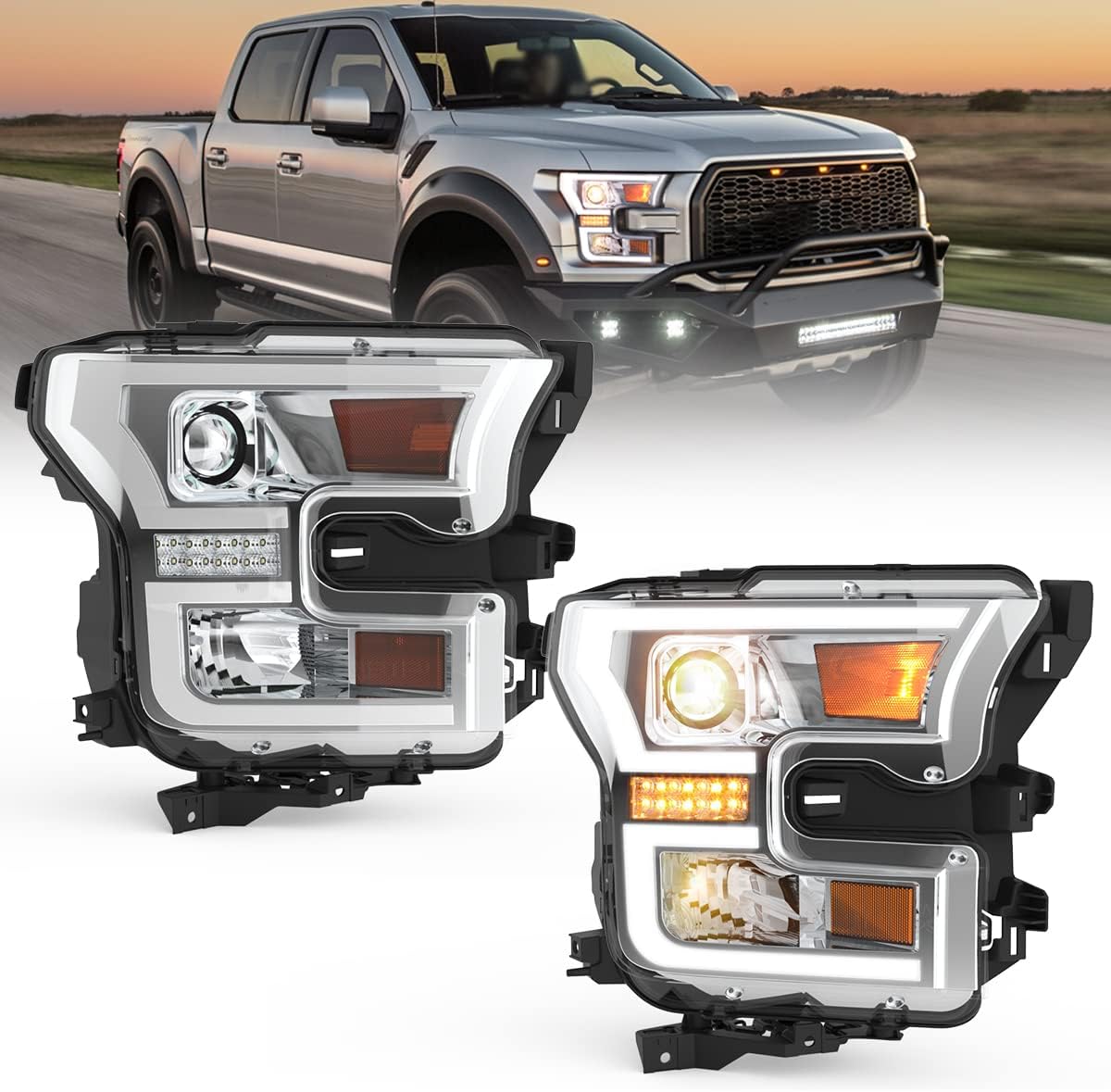 ROXX Headlights Assembly for 2015 2016 2017 Ford F-150, High Low Beam Projector Headlights w/ Led DRL, Led Amber Turn Signal Lights, Amber Reflector