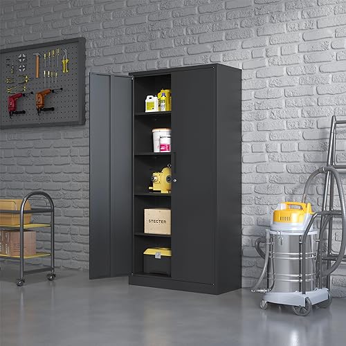 Metal Storage Cabinet with Wheels, Lockable Garage Cabinet with Doors and Shelves, Rolling Tool Storage, Assembly Required, Black