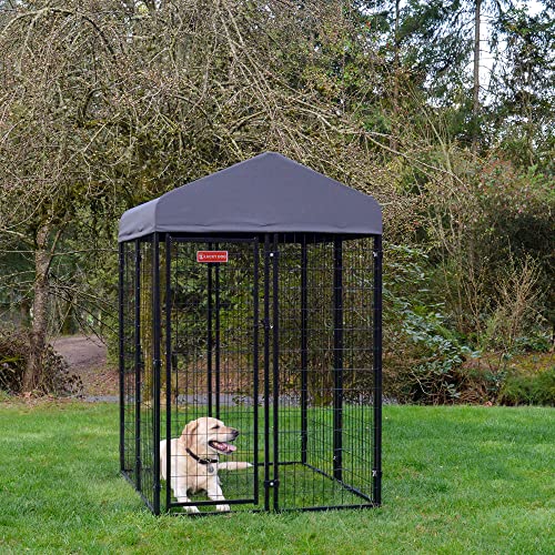 Stay Series 4 by 4 by 4.3 Feet Studio Jr. Black Powder Coat Steel Frame Outdoor Dog Kennel with Waterproof Canopy Roof and Gate Door, Khaki