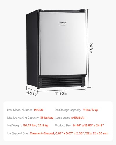 VEVOR Under Counter Ice Maker Machine, Crescent Ice, 25 Lbs/Day Stainless Steel Built in Ice Maker with Reversible Door
